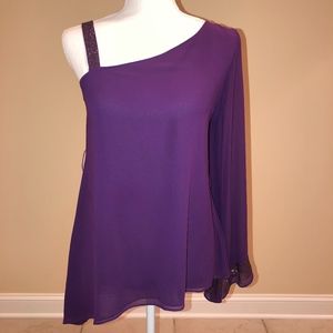 Bebe XXS Purple Sheer Top Long Sleeve Asymmetrical